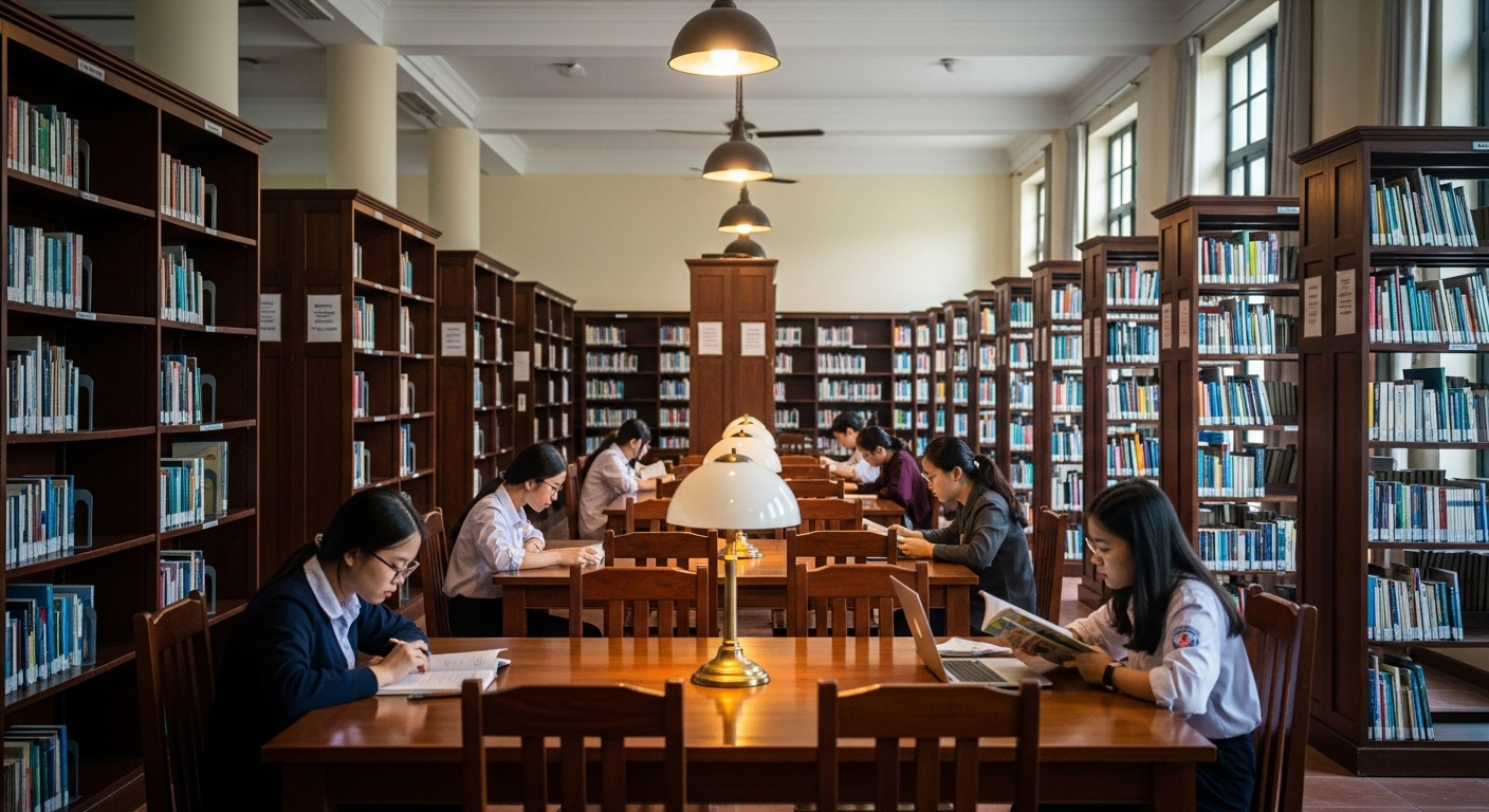 Thư viện trường THPT rộng rãi, ngăn nắp tại Hà Nội với kệ sách đầy ắp và học sinh đọc bài, thể hiện môi trường học tập lý tưởng của các trường THPT tốt nhất Hà Nội.