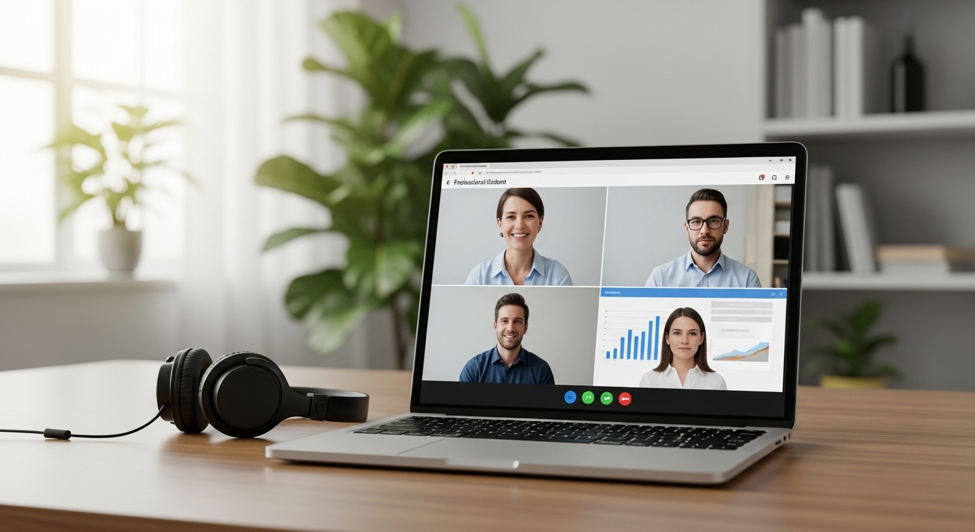 Màn hình laptop hiển thị cuộc gọi video chuyên nghiệp, kèm tai nghe trên bàn làm việc gọn gàng, gợi ý các mẹo phỏng vấn online thành công.