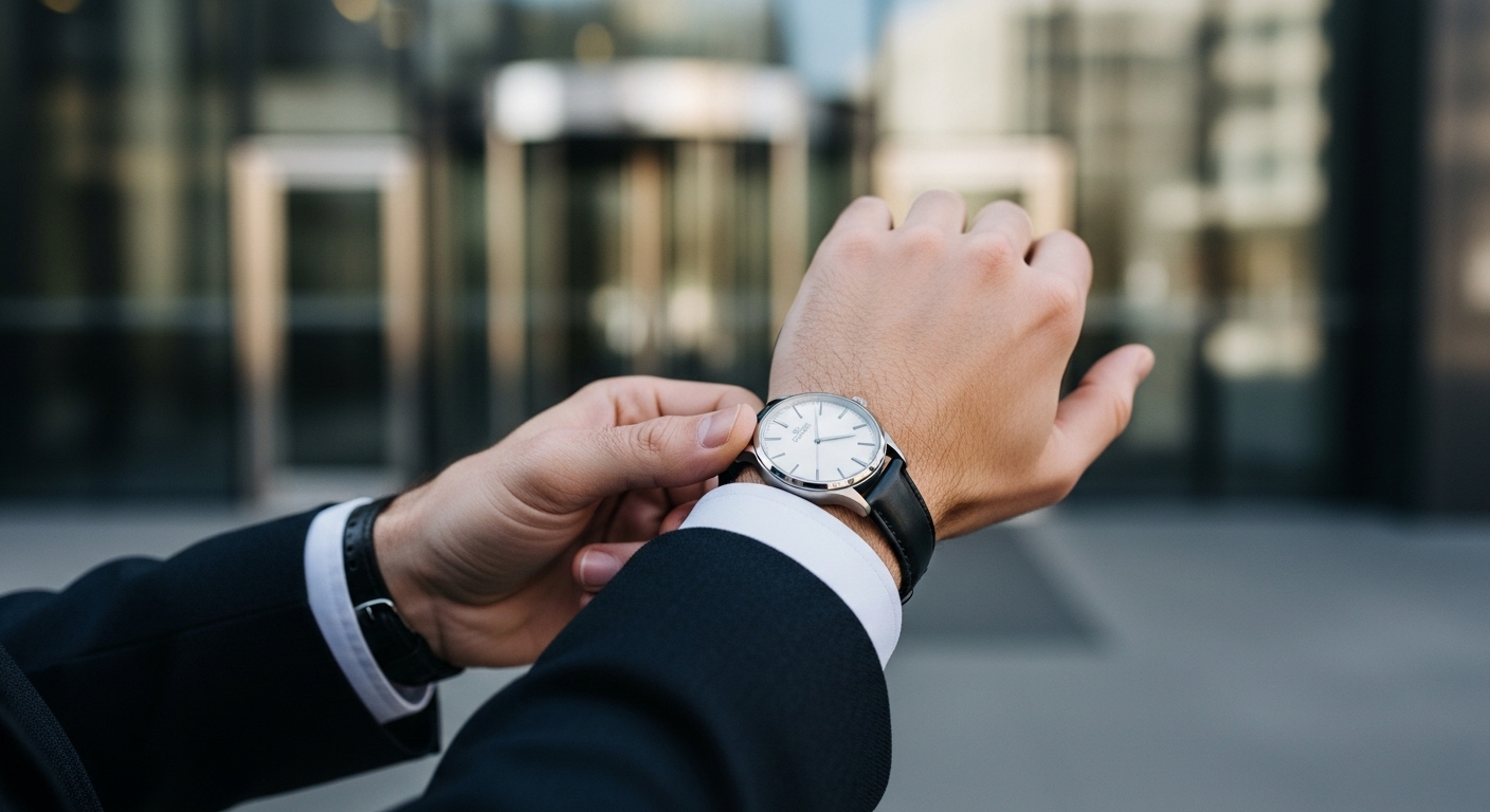 Cận cảnh tay chuyên nghiệp chỉnh đồng hồ đeo tay, chuẩn bị chỉn chu cho buổi phỏng vấn và các câu hỏi phỏng vấn thường gặp.