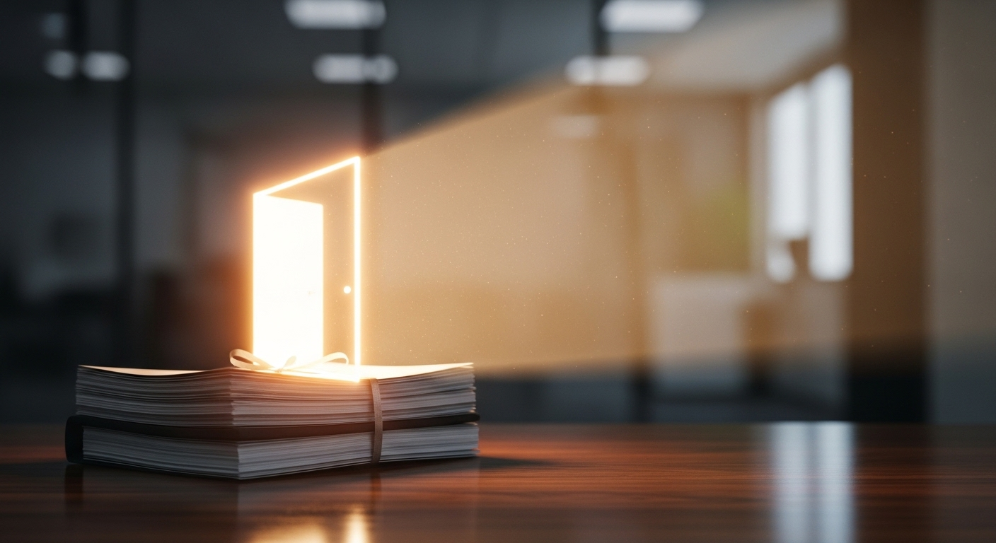 Ánh sáng rực rỡ từ chồng tài liệu chuyên nghiệp trên bàn gỗ, mở ra cánh cửa cơ hội, thể hiện sức mạnh của cách viết CV chuyên nghiệp.
