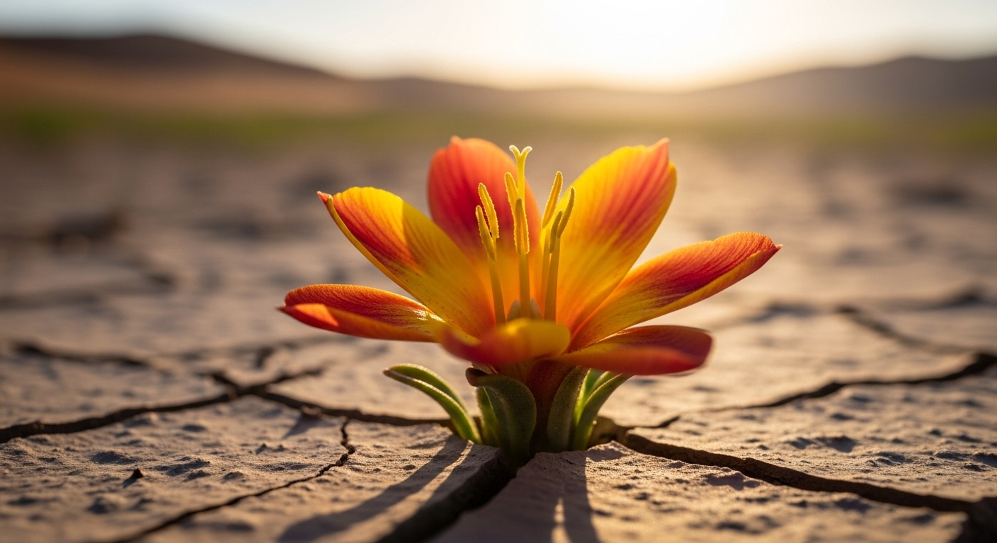 Cận cảnh hoa sa mạc rực rỡ vươn mình từ đất khô nứt nẻ dưới nắng ấm, tượng trưng cho sức sống mãnh liệt và khả năng phục hồi, ngay cả trong giai đoạn đầy thách thức như sau layoff ngành công nghệ.