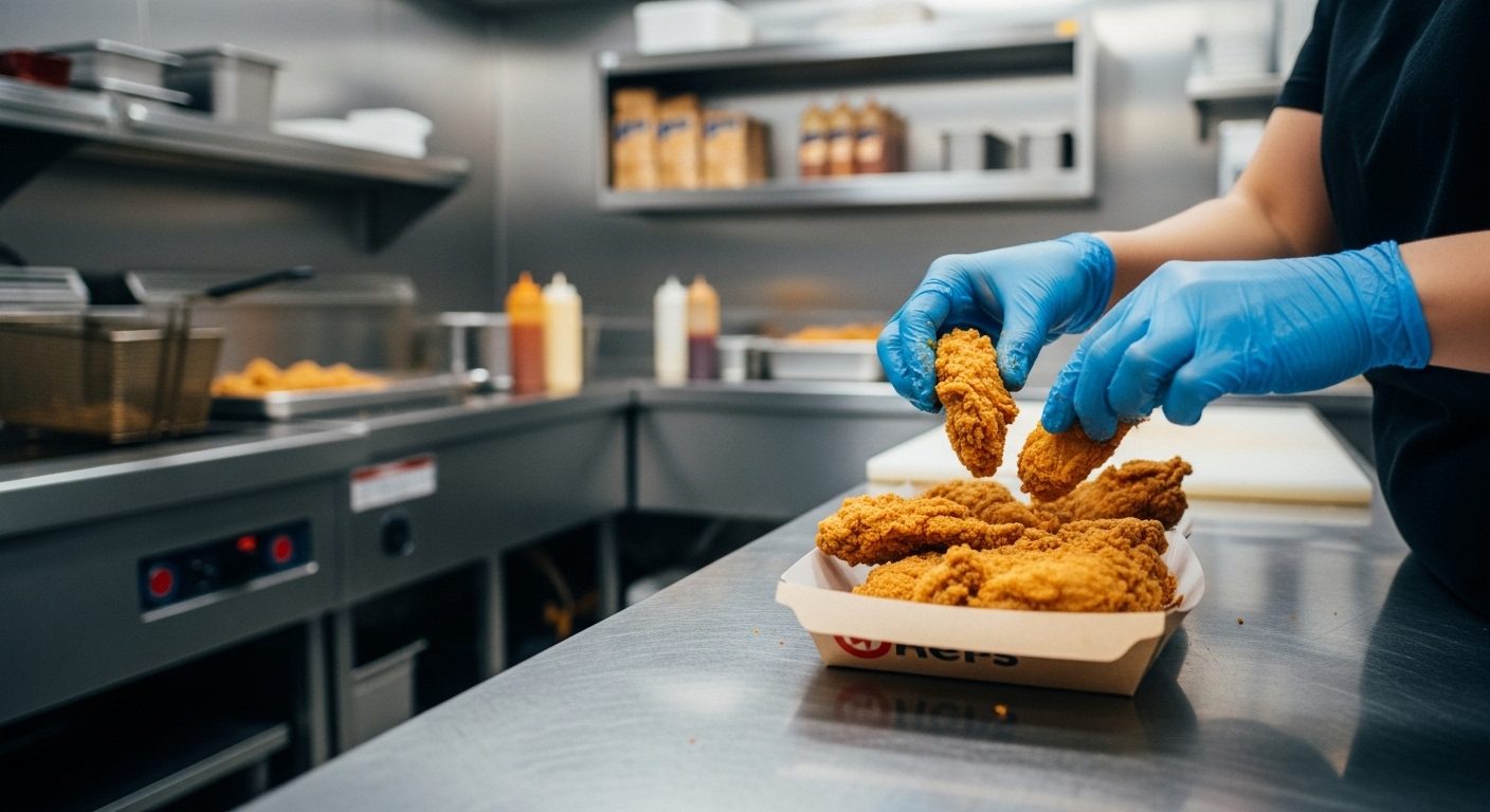 Đôi tay nhân viên chuyên nghiệp đang cẩn thận sắp xếp gà rán vàng giòn trong bếp hiện đại, minh họa môi trường làm việc tại KFC tuyển dụng 2025.