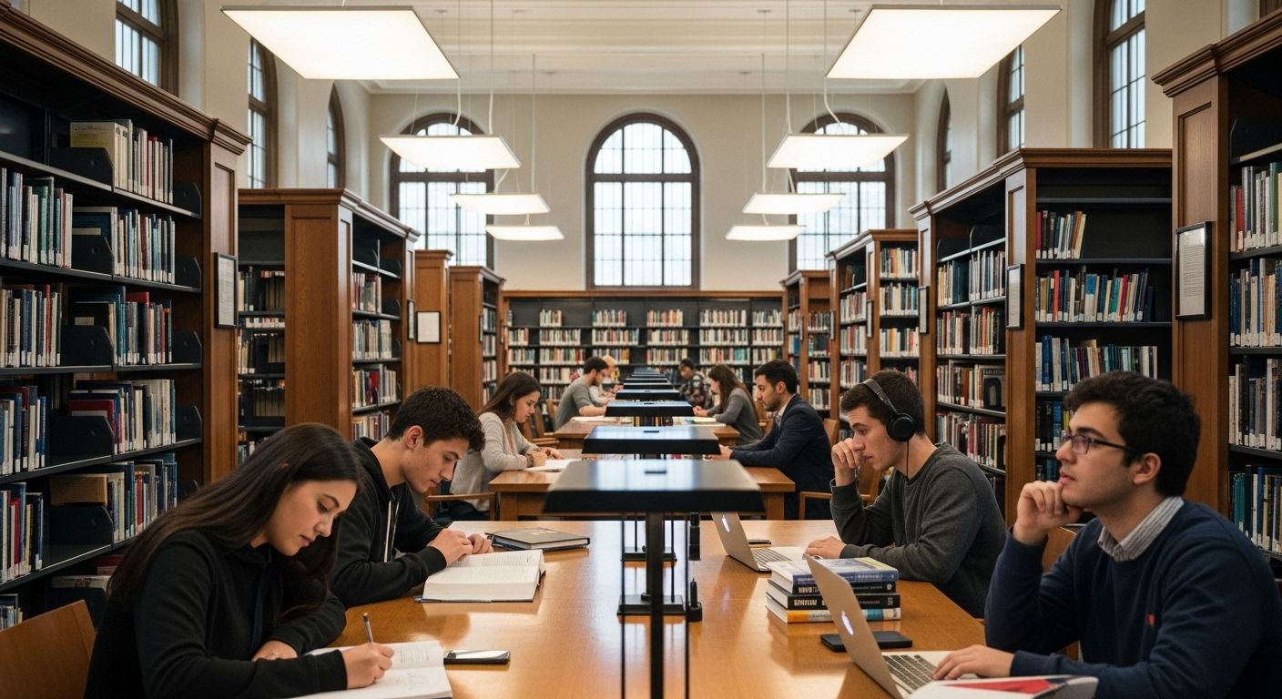 Thư viện đại học hiện đại, rộng rãi với sinh viên đang học tập và làm việc giữa các kệ sách, hình ảnh tiêu biểu cho không gian học tập tại một trong những trường đại học tốt nhất Hà Nội.