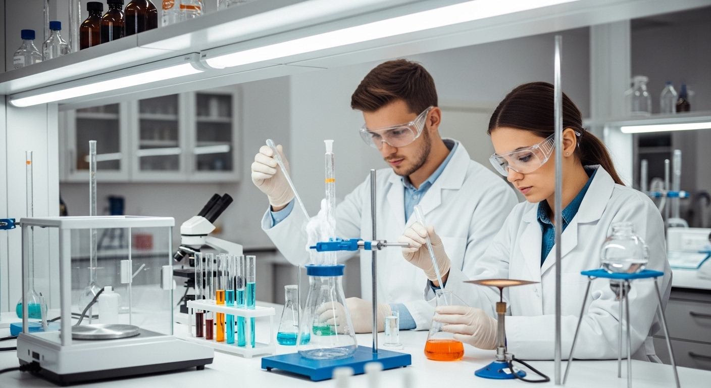 Hai sinh viên mặc áo lab trắng đang tiến hành thí nghiệm tỉ mỉ trong phòng thí nghiệm khoa học hiện đại, thường thấy ở các trường đại học hàng đầu trong bảng xếp hạng các trường đại học ở Hà Nội.