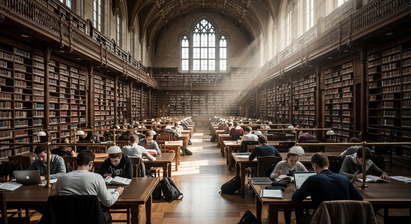Thư viện đại học rộng lớn, tráng lệ với kệ sách gỗ cao và sinh viên học tập chăm chỉ dưới ánh sáng ấm áp – khung cảnh lý tưởng tại các trường đại học tốt nhất thế giới.