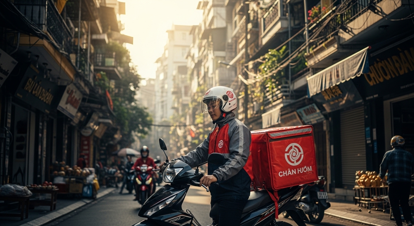 Người giao hàng chuyên nghiệp với đồng phục và túi cách nhiệt lớn, đứng cạnh xe máy trên đường phố Hà Nội sầm uất, minh họa cho việc làm thêm cho sinh viên tại Hà Nội.