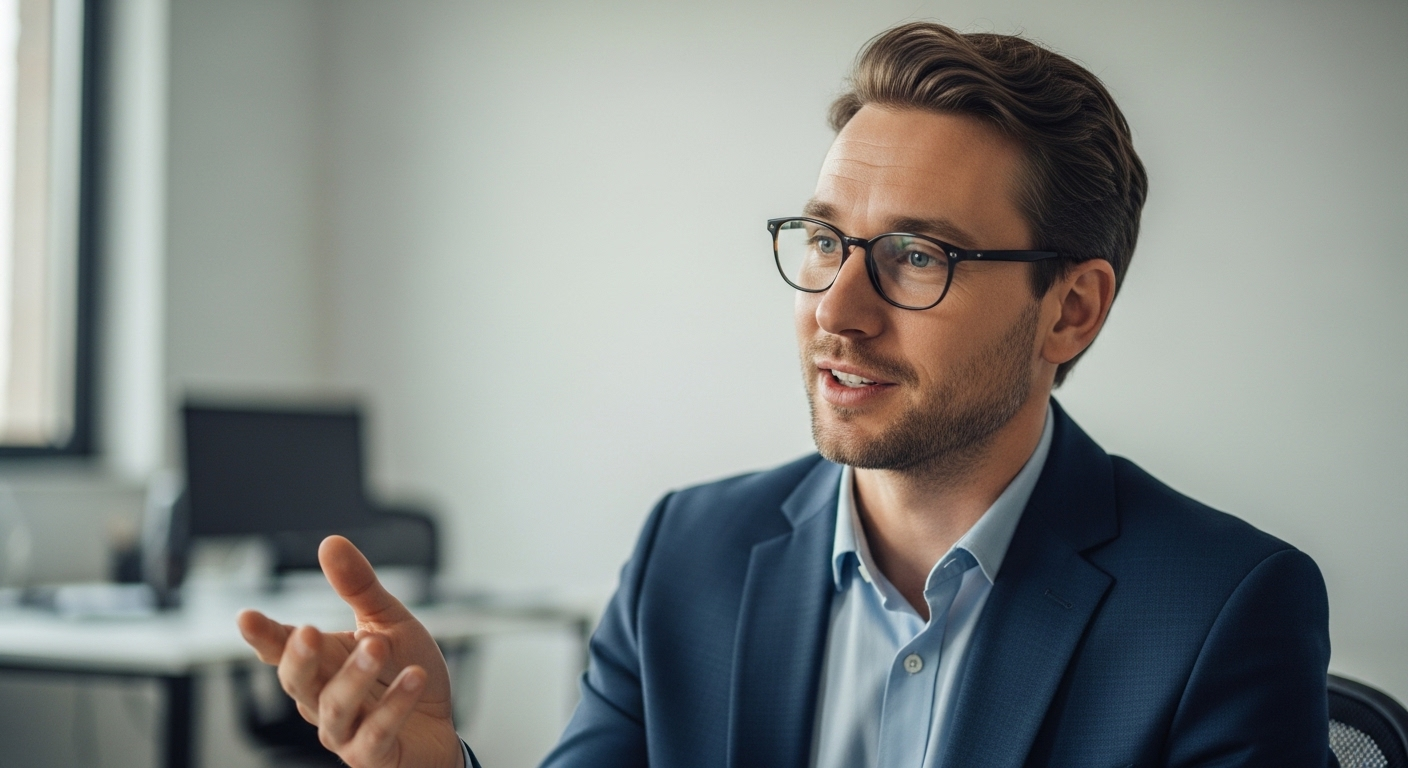Chuyên gia tự tin, biểu cảm tập trung khi trao đổi về các câu hỏi phỏng vấn xin việc trong môi trường văn phòng.