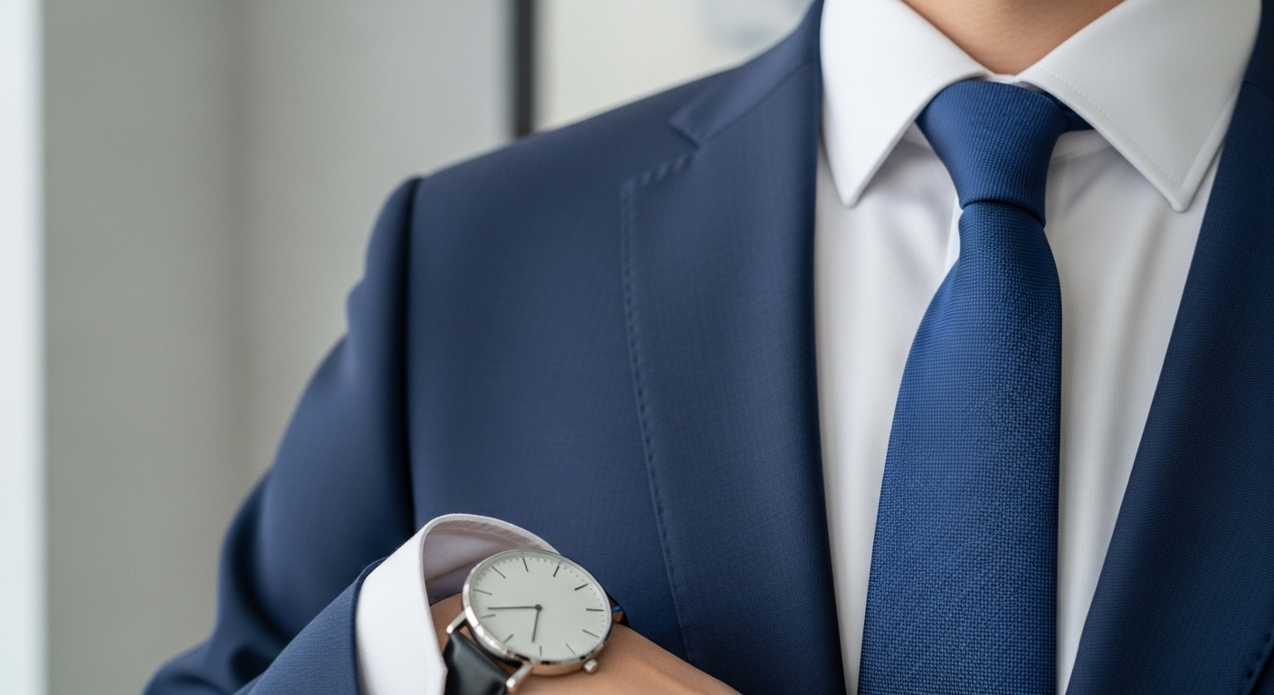 Cận cảnh bộ vest xanh hải quân phẳng phiu, sơ mi trắng sắc nét, cà vạt và đồng hồ bạc, tạo phong thái chuyên nghiệp khi đối mặt với các câu hỏi phỏng vấn.