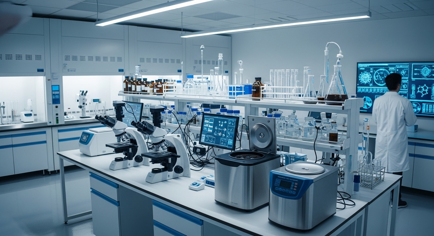 Phòng thí nghiệm khoa học hiện đại với thiết bị tiên tiến, kính hiển vi và một nhà khoa học đang quan sát màn hình. Môi trường nghiên cứu chất lượng cao như vậy là yếu tố then chốt nâng tầm xếp hạng đại học Việt Nam.