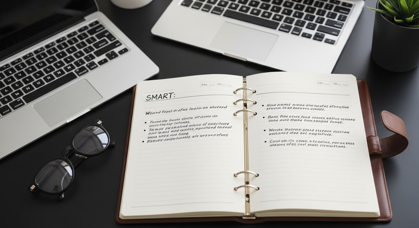 Bàn làm việc ngăn nắp với sổ kế hoạch da mở, hiển thị mục tiêu SMART chi tiết cho mục tiêu nghề nghiệp kế toán. Kèm bút sang trọng và đồng hồ cát tượng trưng cho kế hoạch có thời hạn.
