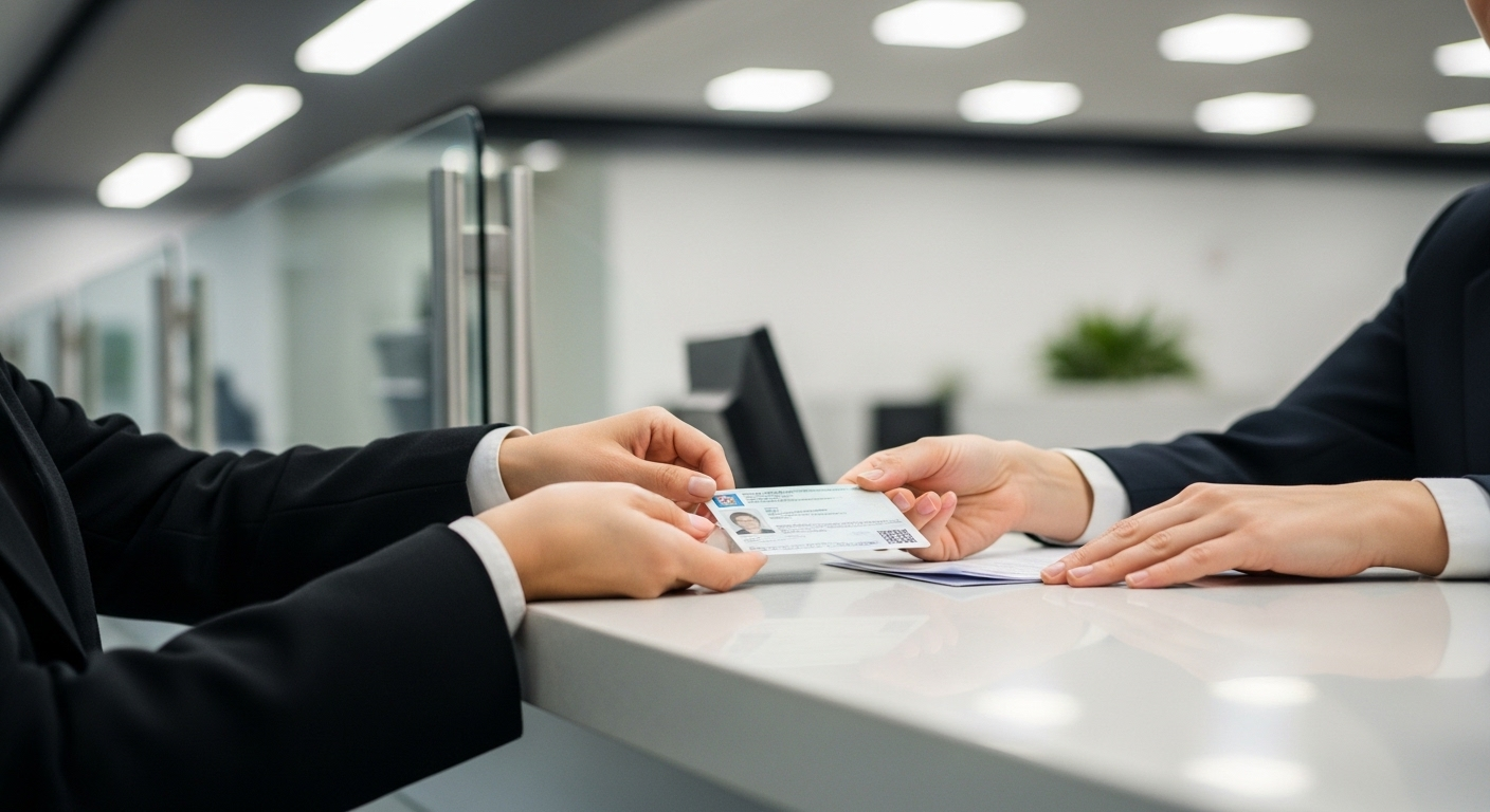 Tay công dân đặt giấy tờ tùy thân lên quầy dịch vụ công chuyên nghiệp, nơi cấp căn cước công dân, với cán bộ sẵn sàng tiếp nhận hồ sơ trong không gian hiện đại.