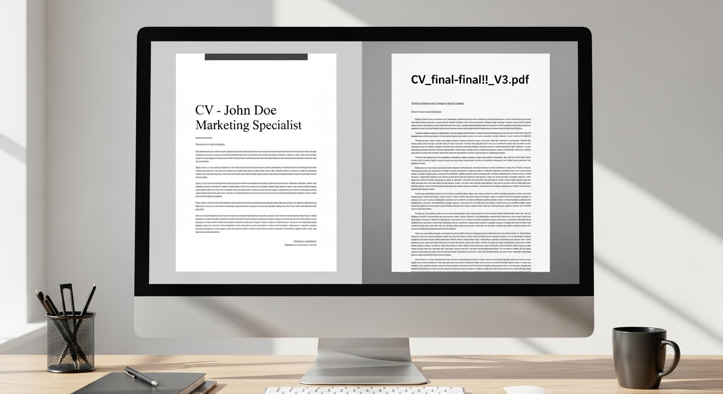 một bên chuyên nghiệp ('CV - John Doe - Marketing Specialist'), một bên thiếu chuyên nghiệp ('CVfinalfinal!!V3.pdf').