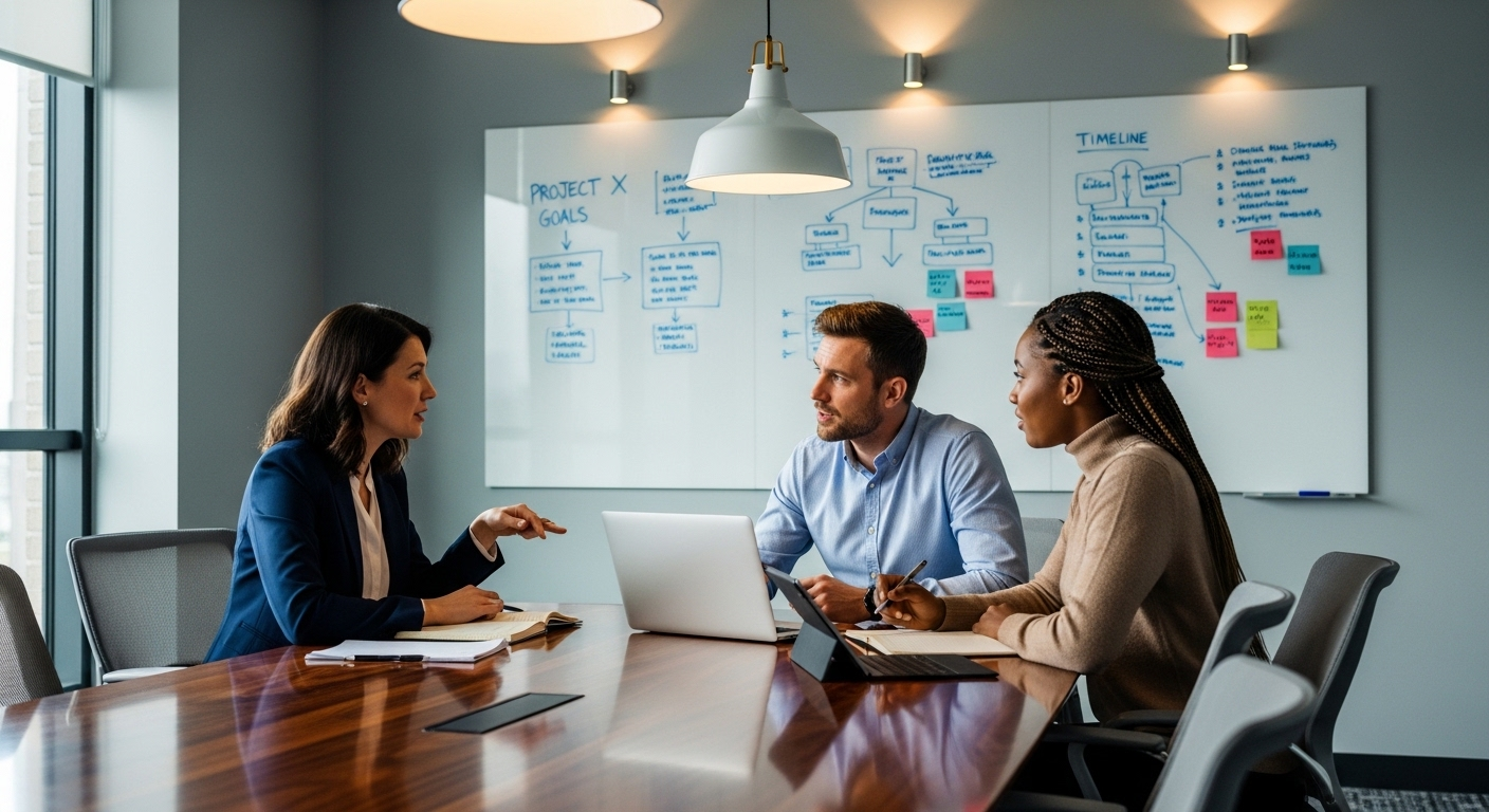 Ba chuyên gia đang hợp tác thảo luận trong phòng họp hiện đại, với bảng trắng hiển thị ghi chú dự án và sổ tay mở, thể hiện các kỹ năng trong CV quan trọng như làm việc nhóm và quản lý dự án hiệu quả.