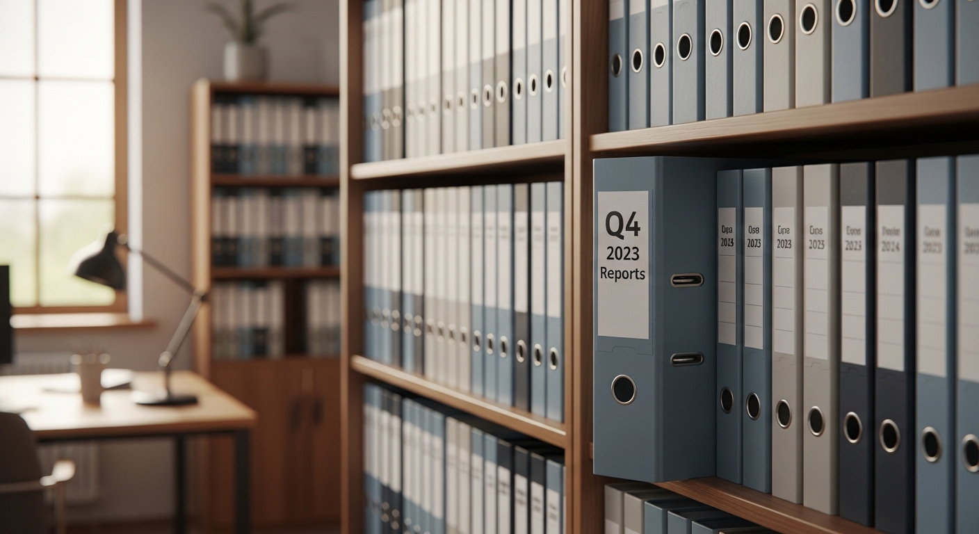 Kệ sách văn phòng gọn gàng với các tập tài liệu dán nhãn rõ ràng, một tập được kéo ra. Hình ảnh nhấn mạnh sự sắp xếp khoa học giúp dễ dàng tìm kiếm thông tin quan trọng, bao gồm cả cách đặt tên CV chuyên nghiệp.