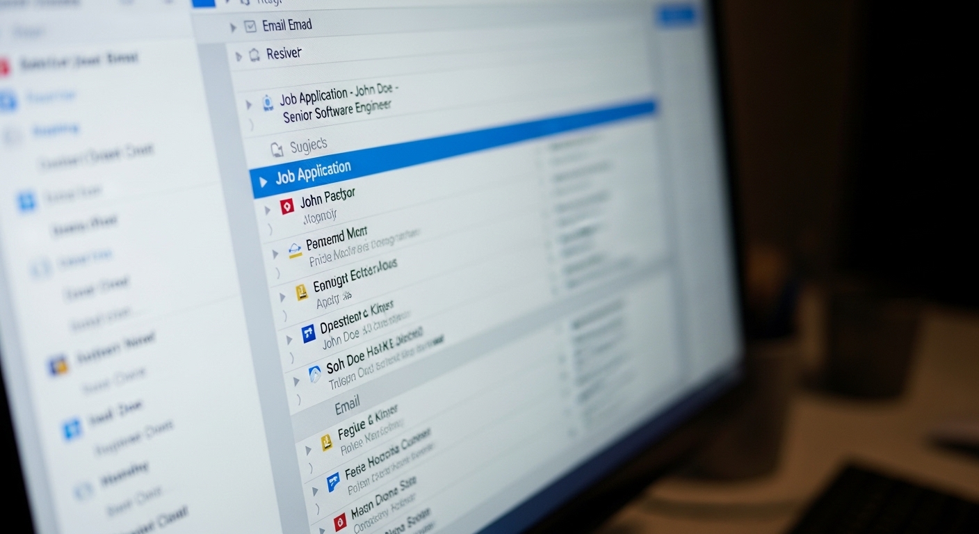 Màn hình máy tính hiển thị hộp thư đến với email ứng tuyển mới nổi bật ở đầu danh sách, giúp bạn cân nhắc nên gửi CV vào thời gian nào để hồ sơ được chú ý ngay.