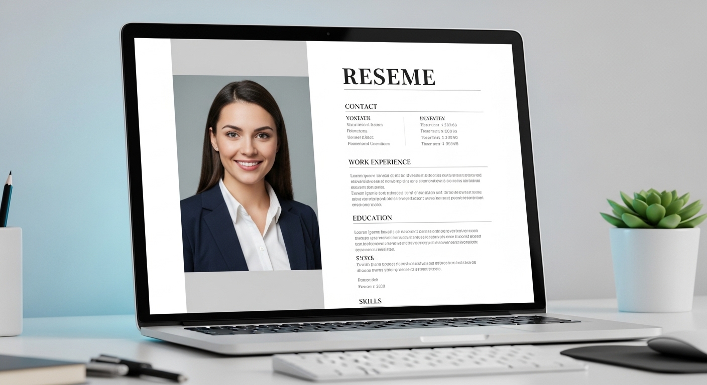 Ảnh chân dung chuyên nghiệp trên mẫu CV số hiển thị trên màn hình máy tính, giúp tìm hiểu nguyên nhân CV bị loại.