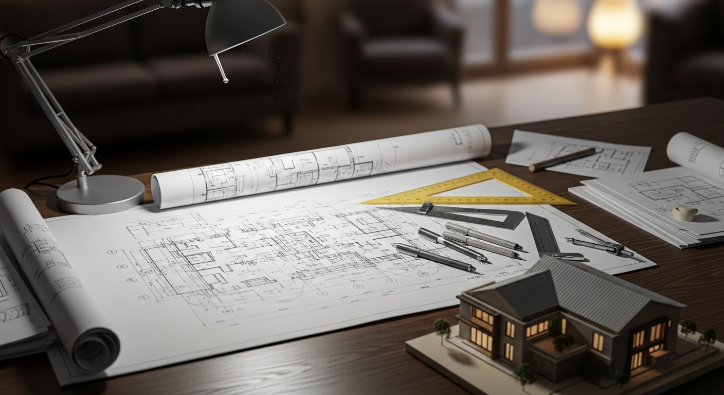 Bàn kiến trúc sư gọn gàng với bản vẽ chi tiết, mô hình và công cụ, minh họa quá trình lập kế hoạch tỉ mỉ và theo đuổi mục tiêu nghề nghiệp rõ ràng.
