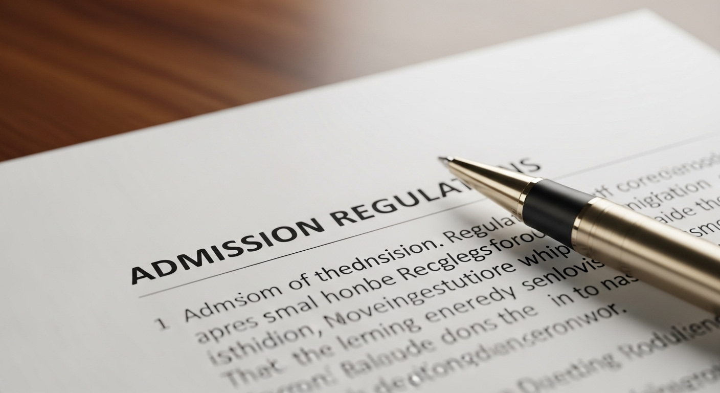 Ảnh cận cảnh Quy chế tuyển sinh đại học 2026 trên giấy trắng tinh, nổi bật tiêu đề 'Admission Regulations' (Quy định tuyển sinh) và một cây bút kim loại đặt chéo.