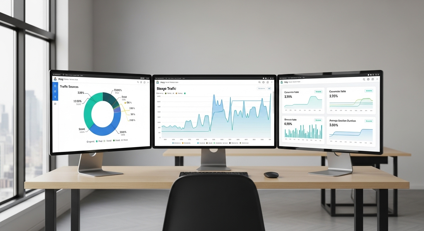 Bảng điều khiển marketing số trên 3 màn hình với biểu đồ KPI trong văn phòng hiện đại, minh họa môi trường làm việc liên quan đến cách viết CV Content Marketing.