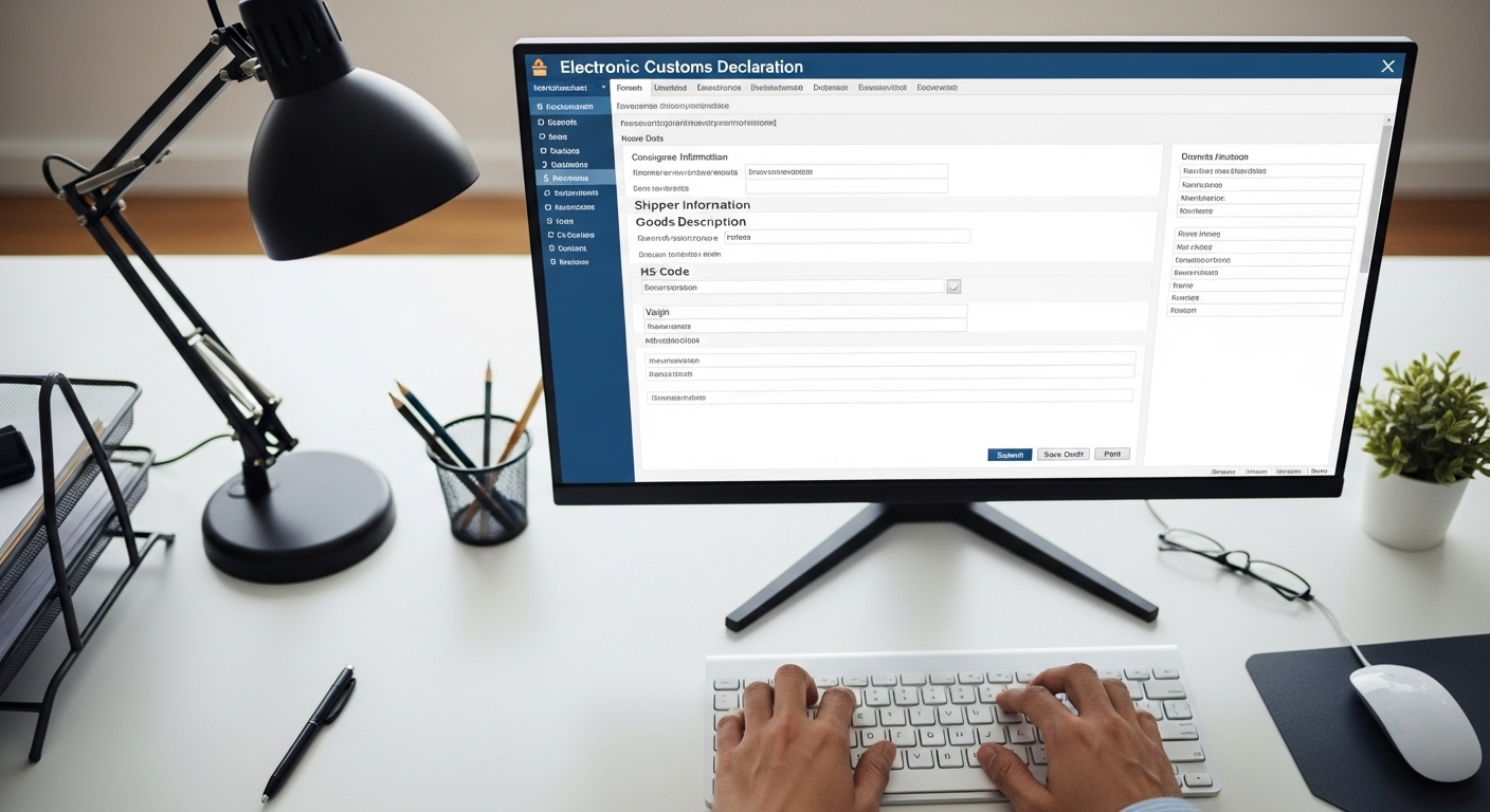 Cận cảnh bàn tay thao tác máy tính, màn hình hiển thị giao diện điện tử chi tiết để thực hiện thủ tục hải quan.