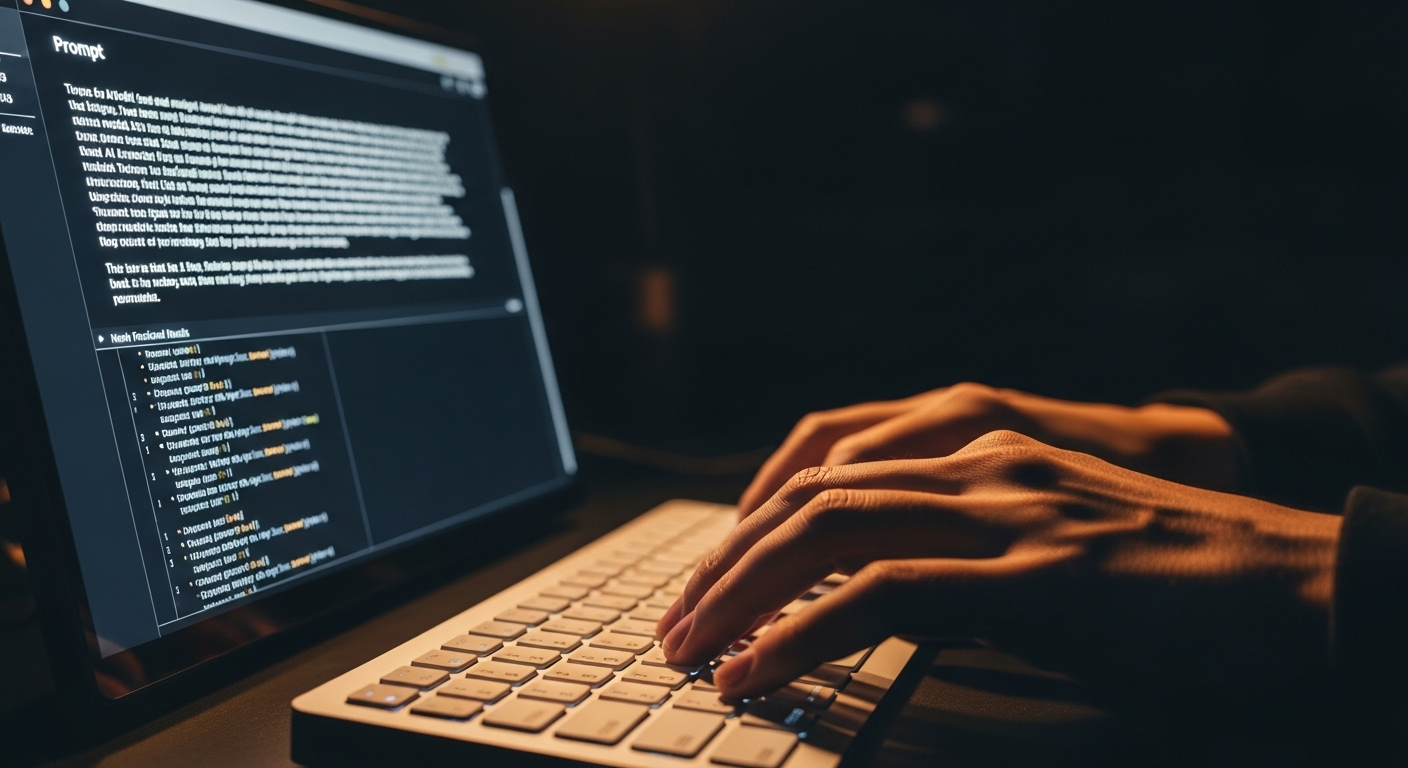 Cận cảnh đôi tay gõ bàn phím, màn hình hiển thị prompt chi tiết và các đoạn mã chức năng mới được ChatGPT viết code.