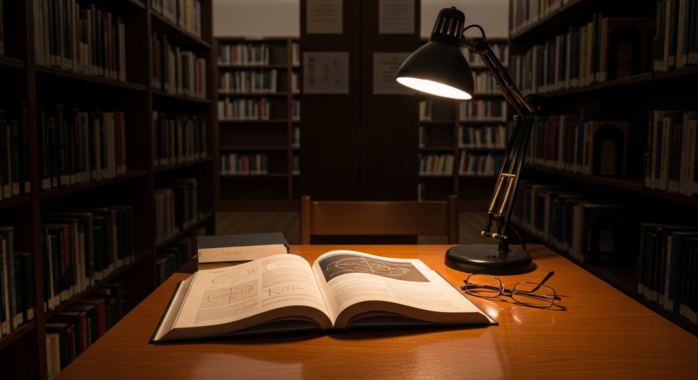 Góc thư viện đại học đêm yên bình với tạp chí học thuật mở dưới ánh đèn bàn, nơi khám phá kiến thức và giải đáp các thắc mắc như tín chỉ là gì.