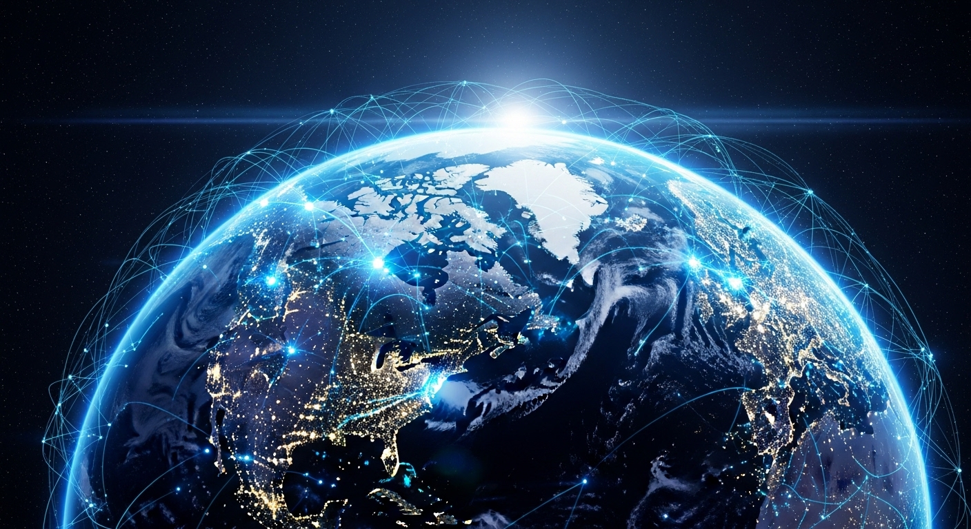 Hình ảnh Trái Đất số hóa rực rỡ với mạng lưới dữ liệu và đường truyền kết nối toàn cầu. Cần tìm hiểu CCNA là gì để làm chủ hệ thống mạng hiện đại.