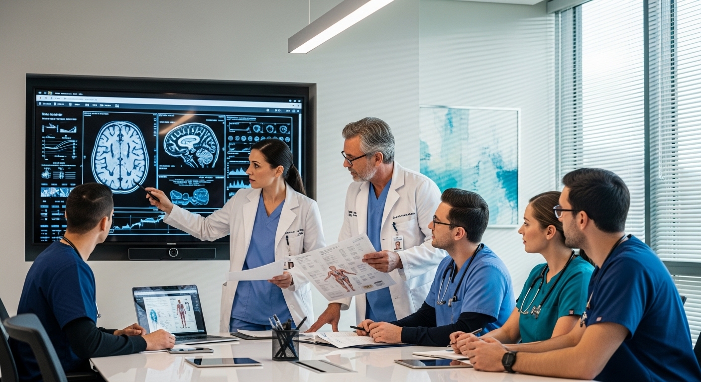 Nhóm bác sĩ và nhân viên y tế chuyên nghiệp, bao gồm cả những người đang học hỏi và rèn luyện để hiểu sâu hơn bác sĩ nội trú là gì, đang tập trung xem xét bệnh án trên màn hình lớn trong phòng họp hiện đại, thể hiện sự hợp tác và giải quyết vấn đề y tế.