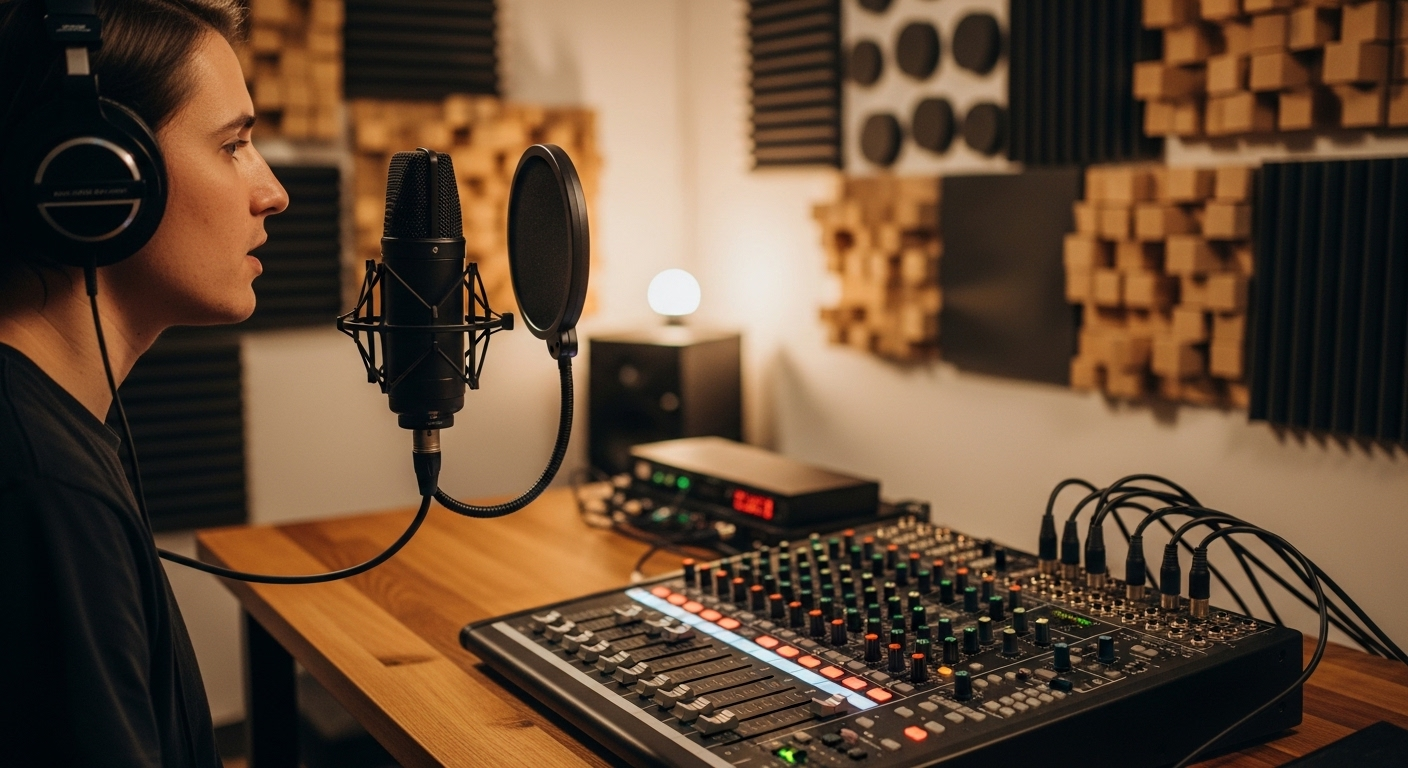 Người đội tai nghe chuyên nghiệp đang nói vào micro lớn trong phòng thu podcast ấm cúng với tấm tiêu âm và bàn trộn âm. Minh họa chân thực công việc của một host, giúp giải đáp Host là nghề gì.