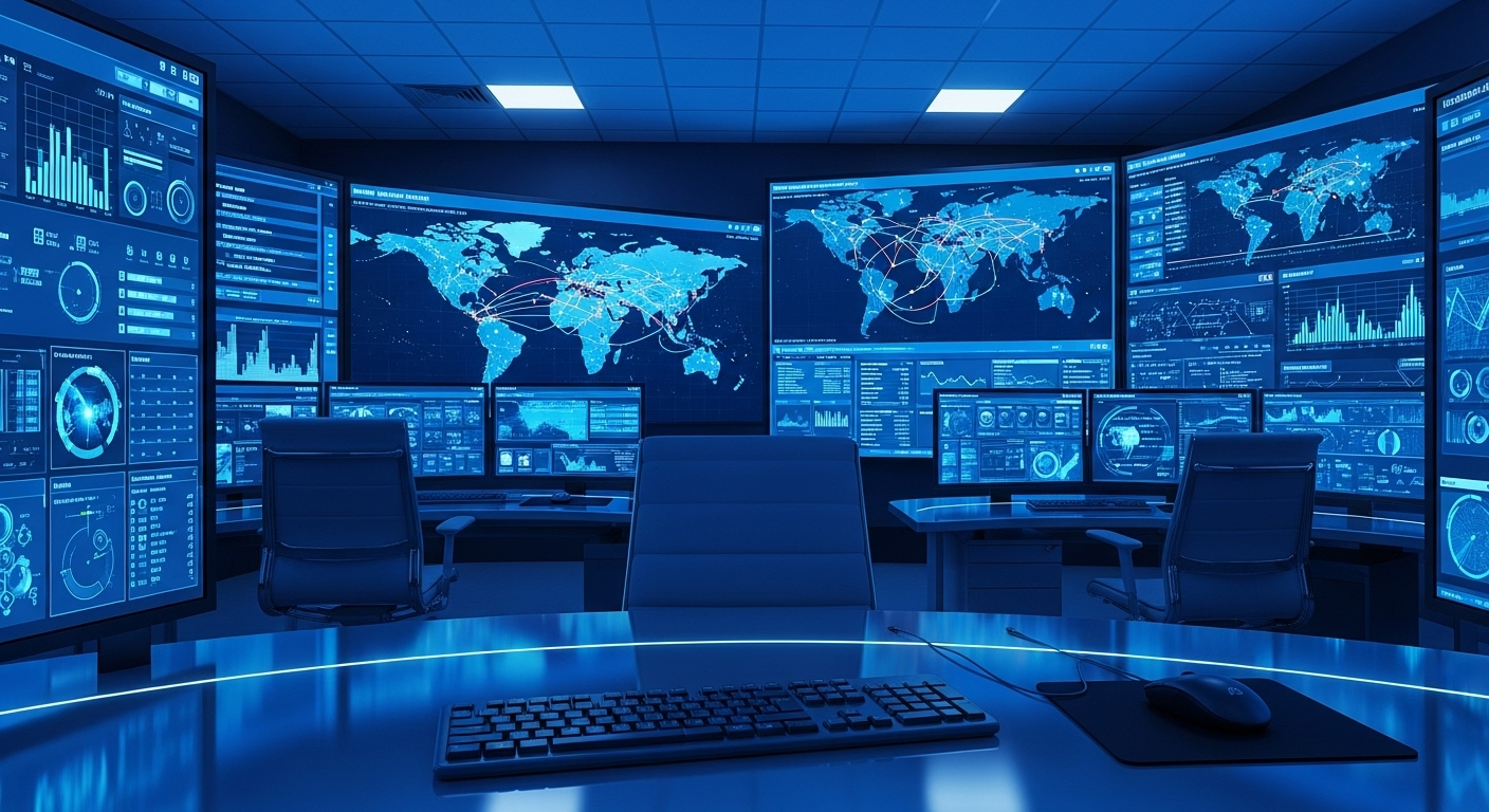Phòng điều khiển công nghệ cao với màn hình lớn hiển thị tuyến đường vận chuyển toàn cầu, dữ liệu theo dõi thời gian thực. Minh họa các khía cạnh quản lý phức tạp của Hậu cần là gì trong kỷ nguyên số.