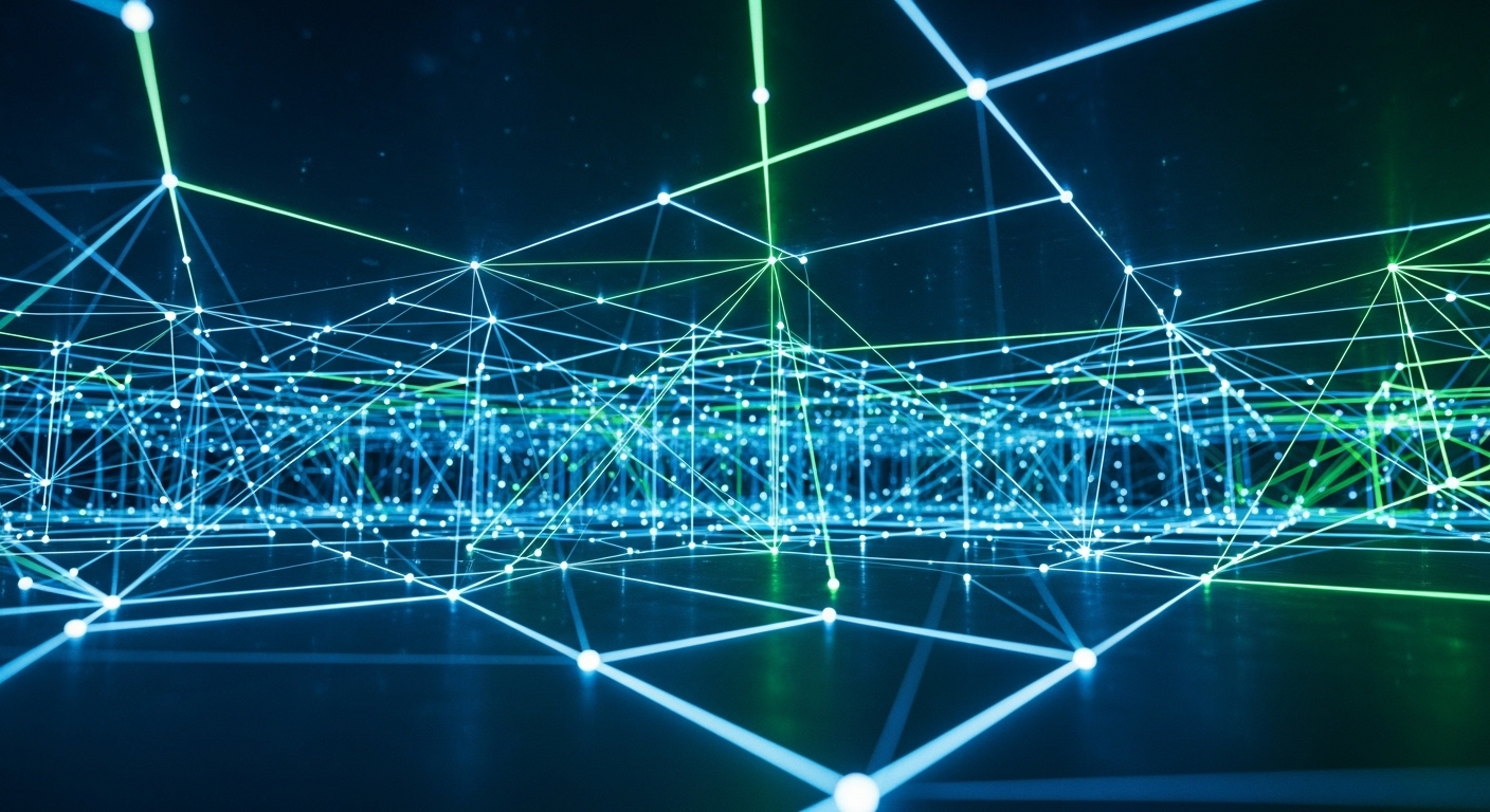 Mạng lưới ánh sáng xanh dương và xanh lá trừu tượng, tạo hình phức tạp trong không gian tối, biểu thị tư duy tiên tiến và tầm nhìn tương lai. Sự kết nối tri thức này gợi liên tưởng đến các cung Khí, giúp hiểu rõ hơn cung Khí gồm cung nào và vai trò của chúng trong đổi mới.