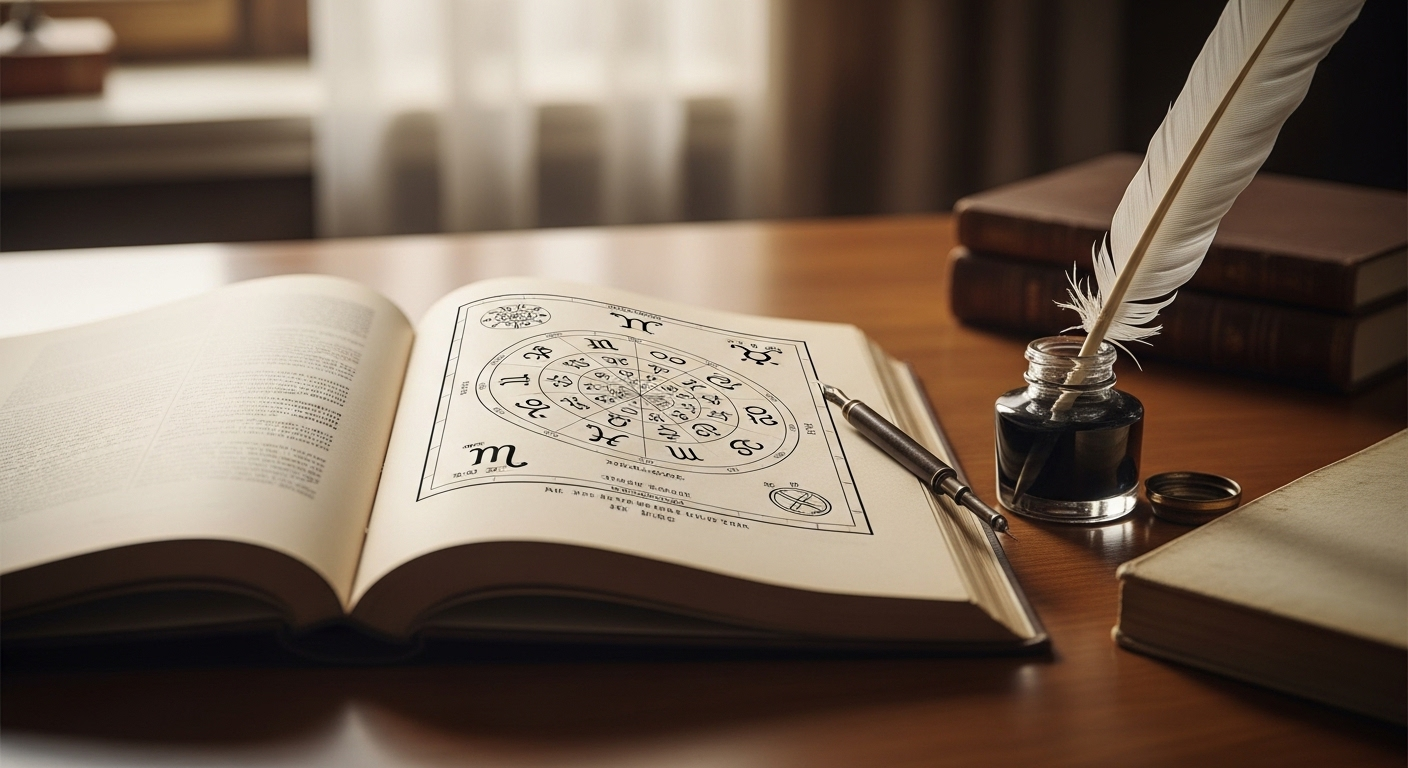 Một cuốn sách cổ mở trang bản đồ sao tinh xảo, đặt cạnh bút lông ngỗng và lọ mực trên bàn gỗ đánh bóng, dưới ánh sáng dịu.