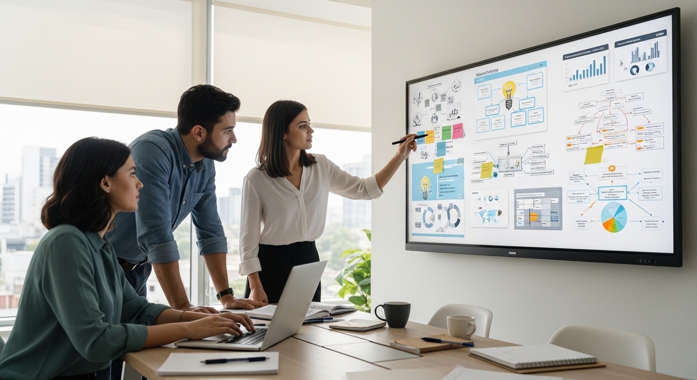 Ba chuyên gia thảo luận chiến lược marketing trên bảng kỹ thuật số, phân tích ý tưởng chiến dịch, có thể liên quan đến nghề quản lý KOL.