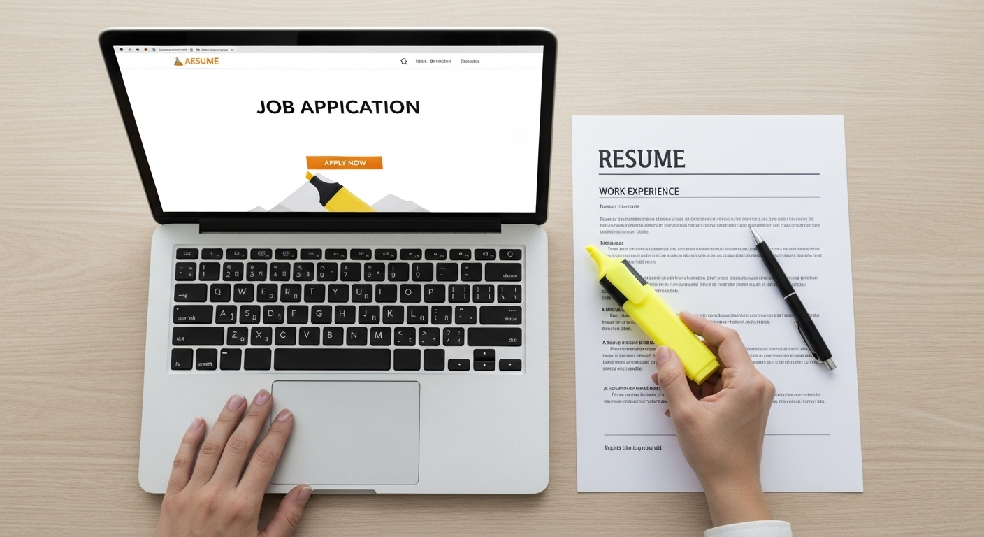 Ứng viên rà soát CV tỉ mỉ trên bàn làm việc gọn gàng, nhằm tránh các lý do bị từ chối phỏng vấn.