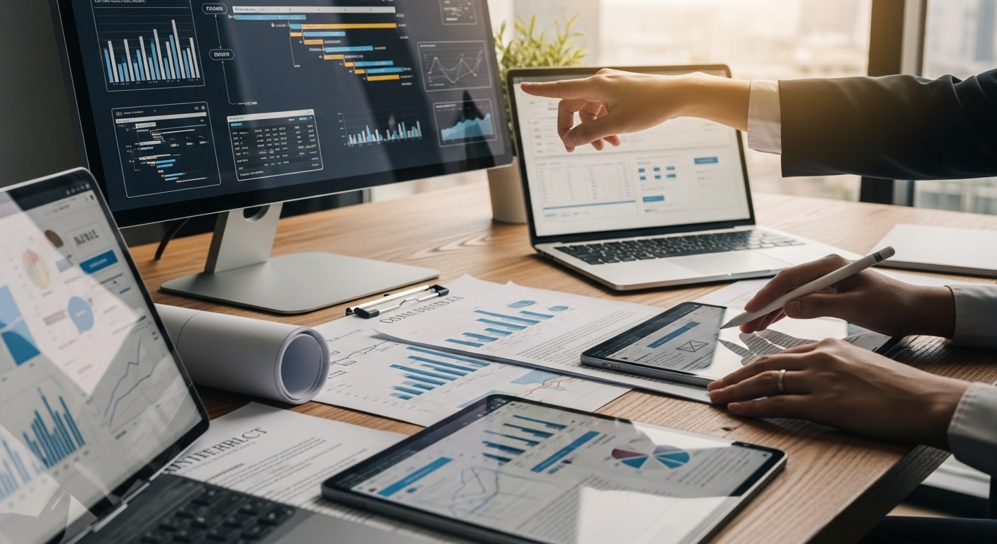 Đôi tay chuyên nghiệp xử lý tài liệu, máy tính bảng và chỉ kế hoạch dự án trên màn hình, thể hiện kỹ năng và cái nhìn sâu sắc mới trong công việc. Với những kinh nghiệm đã tích lũy, có nên quay lại công ty cũ để phát triển sự nghiệp?