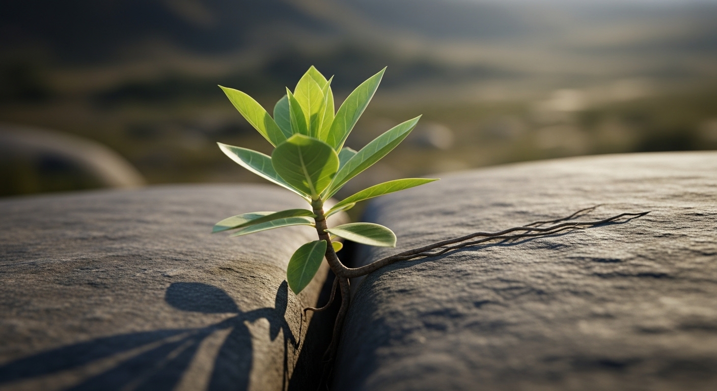 Cây xanh kiên cường mọc trên đá phong hóa dưới ánh sáng tự nhiên, nền thiên nhiên mờ ảo. Hình ảnh hữu cơ, yên bình này là nguồn cảm hứng tuyệt vời, giúp bạn hình dung và hiểu rõ hơn phông bạt là gì qua một ví dụ thiết kế cảnh quan tự nhiên.