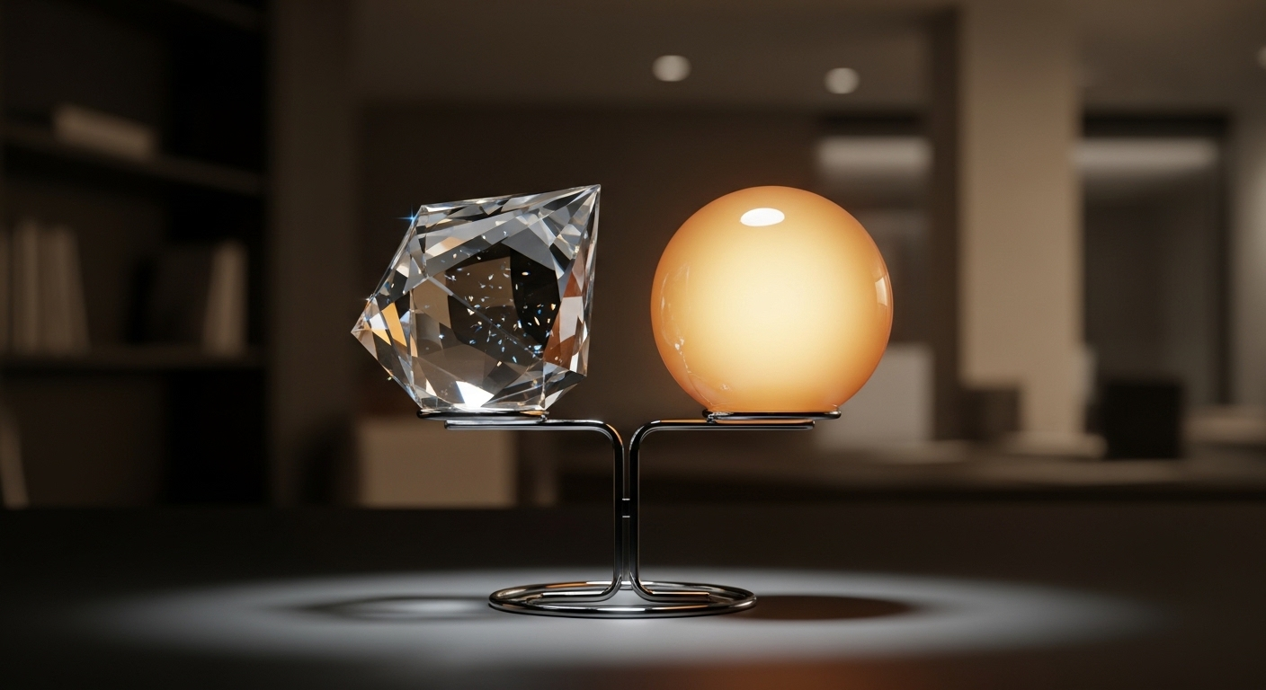 Hình ảnh tinh thể trong suốt và quả cầu hổ phách ấm áp cân bằng trên đế tối giản, tượng trưng cho sự kết hợp hài hòa giữa logic và đồng cảm – yếu tố then chốt trong cách giải quyết vấn đề với cấp dưới một cách hiệu quả và chuyên nghiệp.