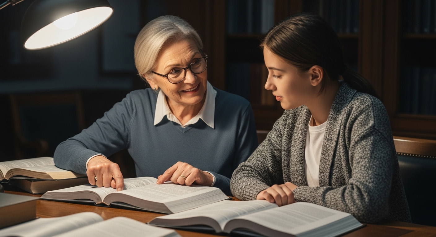 Người phụ nữ lớn tuổi đeo kính tận tình hướng dẫn học sinh trẻ bên sách. Một ví dụ ý nghĩa về việc làm cho người lớn tuổi trong lĩnh vực giáo dục và chia sẻ kinh nghiệm.