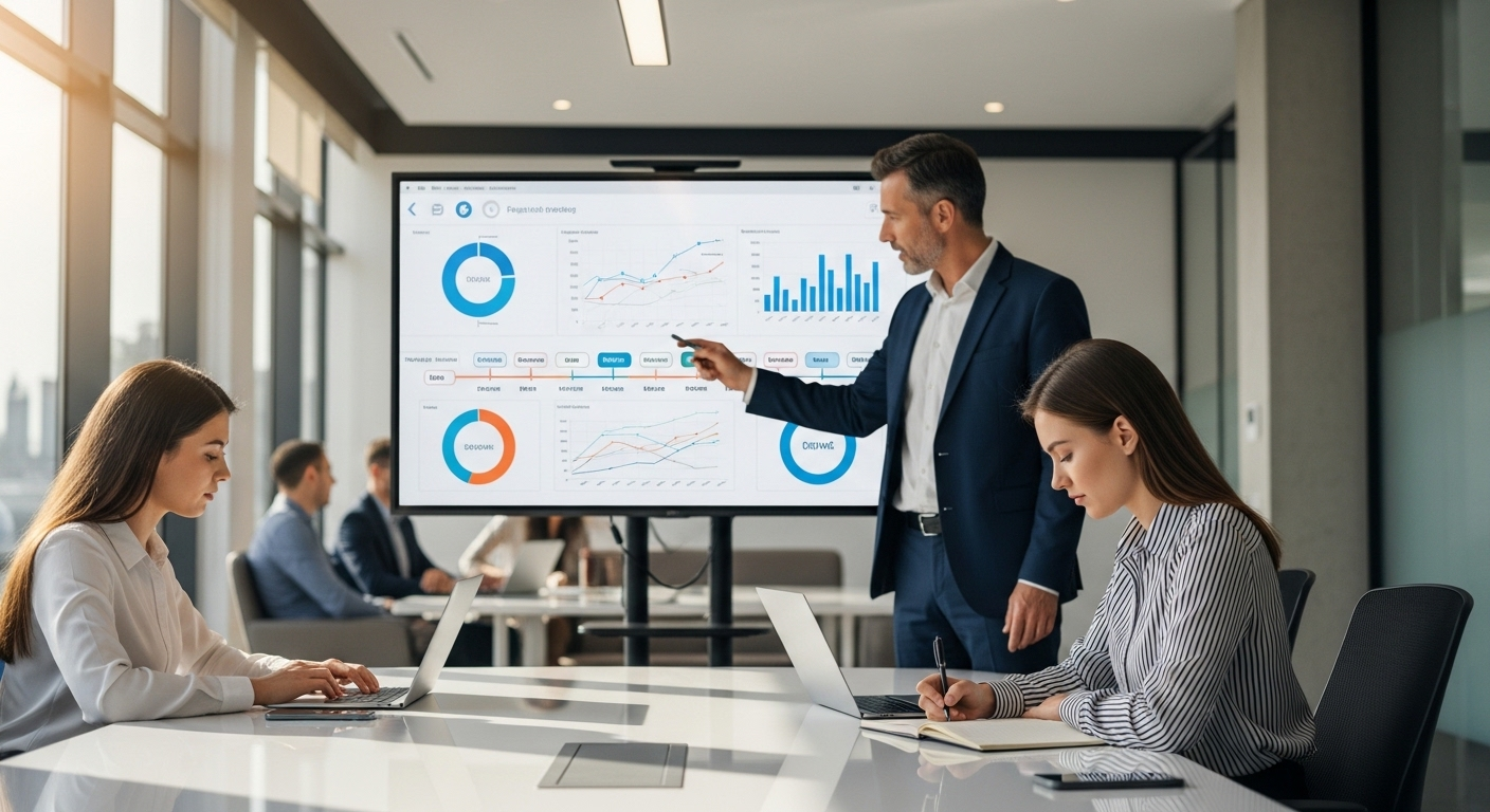 Chuyên gia kinh nghiệm hướng dẫn đồng nghiệp trẻ tại phòng họp hiện đại, thể hiện môi trường làm việc lý tưởng khuyến khích học hỏi và phát triển.