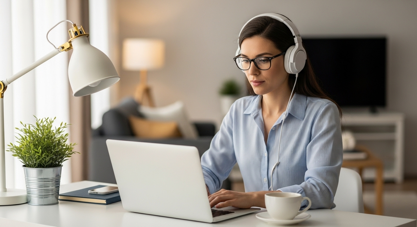 Chuyên gia làm việc từ xa trên laptop trong văn phòng tại nhà hiện đại, có ánh sáng tốt, với bàn làm việc tối giản. Không gian làm việc lý tưởng này thể hiện chính sách đãi ngộ nhân sự giúp nhân viên cân bằng cuộc sống và công việc.