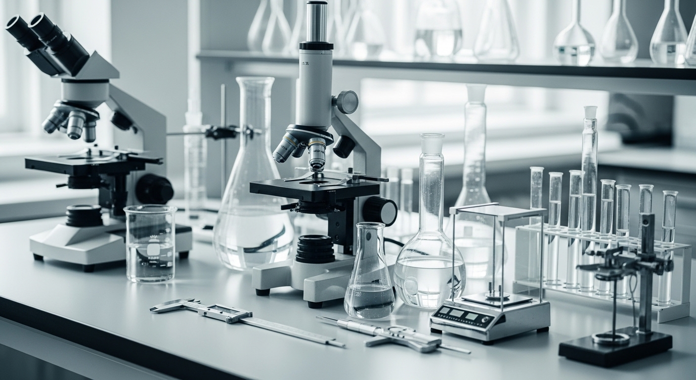 Thiết bị khoa học (kính hiển vi, dụng cụ thủy tinh) trong phòng thí nghiệm đại học hiện đại. Môi trường nghiên cứu chất lượng giúp sinh viên chuẩn bị kế hoạch học tập, bao gồm tìm hiểu học phí Đại học Quốc gia Hà Nội 2026.