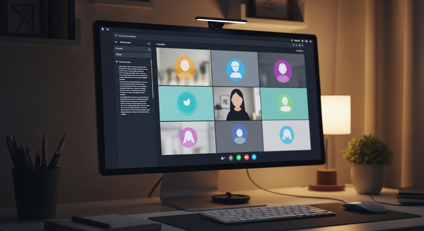 Giao diện họp trực tuyến trên màn hình máy tính trong văn phòng tại nhà, với các video feed và cửa sổ chat. Thích hợp cho các cuộc phỏng vấn online sau khi nhận thư mời phỏng vấn qua mail.