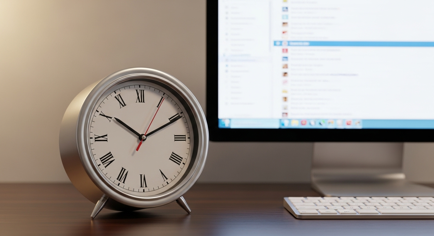Đồng hồ chỉ sáng sớm trên bàn làm việc cùng màn hình hiển thị hộp thư email, gợi ý thời điểm vàng để gửi thư cảm ơn sau phỏng vấn bằng tiếng Anh một cách chuyên nghiệp.
