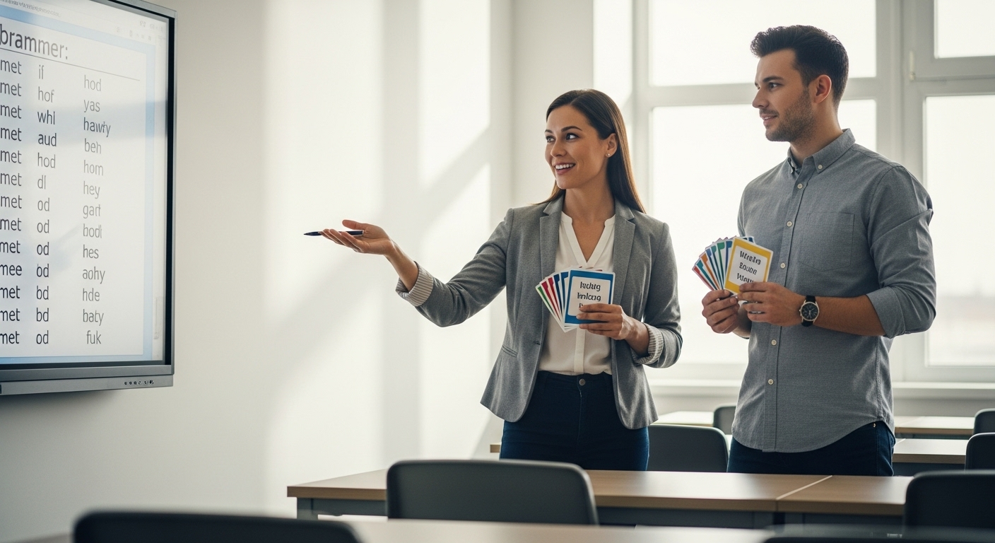Giáo viên tiếng Anh và trợ giảng hợp tác trong lớp học rộng rãi, giáo viên chỉ bảng kỹ thuật số, trợ giảng cầm flashcards. Hình ảnh minh họa vai trò của một trợ giảng tiếng Anh chuyên nghiệp sau khi trải qua phỏng vấn trợ giảng tiếng Anh thành công.