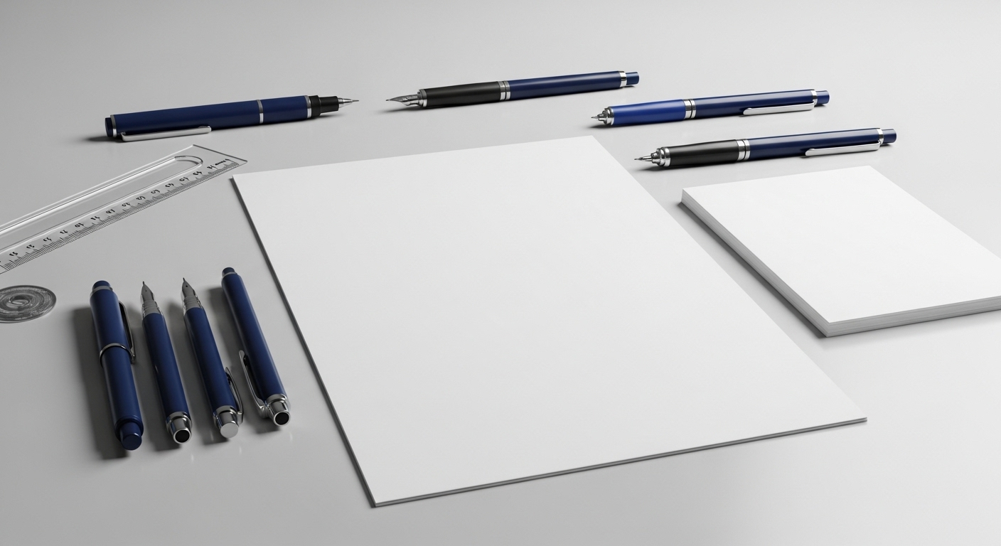 Dụng cụ viết cao cấp (bút mực, thước, giấy A4 trắng tinh tươm) được sắp xếp gọn gàng trên bàn, sẵn sàng để bắt đầu cách viết hồ sơ xin việc bằng tay chuyên nghiệp.