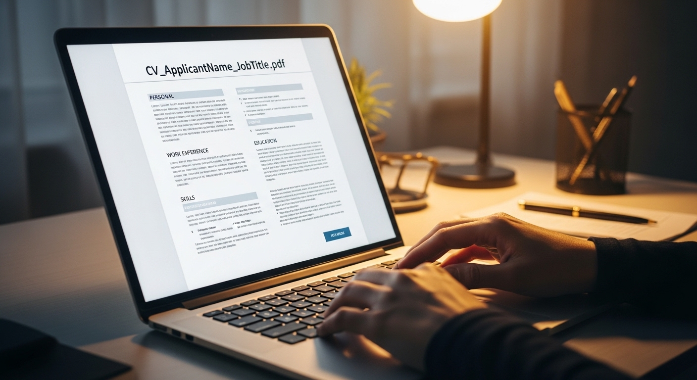 Màn hình laptop hiển thị CV chuyên nghiệp với bố cục gọn gàng, đôi tay đang xem lại, minh họa cách sắp xếp hồ sơ xin việc hiệu quả.