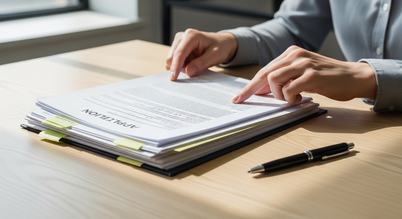 Đôi tay đang cẩn thận xem xét hồ sơ xin việc khu chế xuất được sắp xếp gọn gàng trên bàn gỗ.