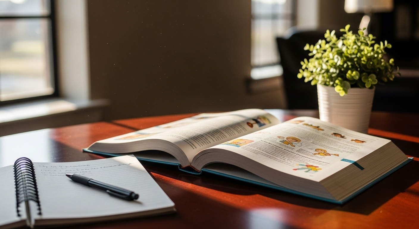 Bàn làm việc gọn gàng với sách giáo dục mầm non mở, sổ và bút, minh họa môi trường học tập lý tưởng cho việc chuẩn bị hồ sơ xin việc giáo viên mầm non.