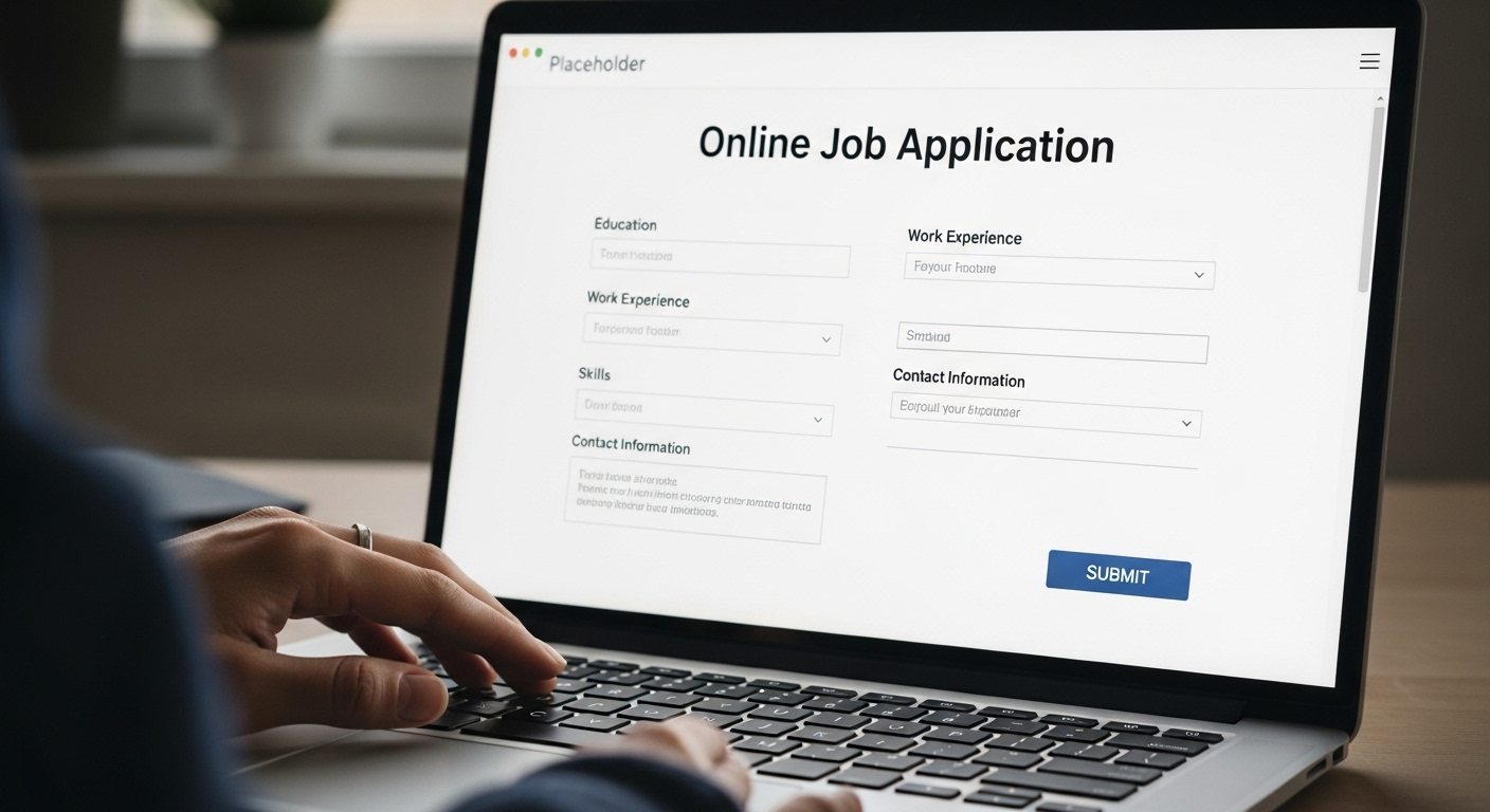 Màn hình laptop hiển thị giao diện nộp đơn xin việc trực tuyến, giúp ứng viên dễ dàng tạo hồ sơ xin việc giáo viên tiếng Anh chuyên nghiệp.