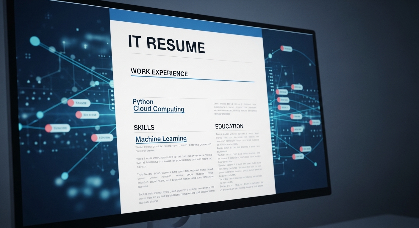 Mẫu CV IT chuyên nghiệp hiển thị trên màn hình với bố cục hiện đại, làm nổi bật các kỹ năng công nghệ như Python, Cloud Computing. Mẫu CV IT chuyên nghiệp hiển thị trên màn hình với bố cục hiện đại, làm nổi bật các kỹ năng công nghệ như Python, Cloud Computing.